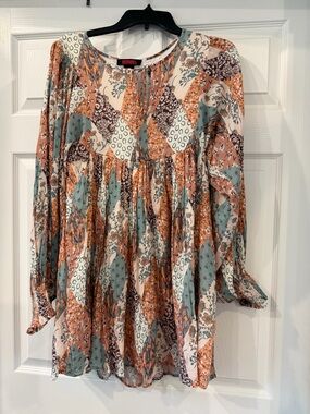 Boho Patchwork Long-Sleeve Dress in Rust & Sage - Unknown Brand
